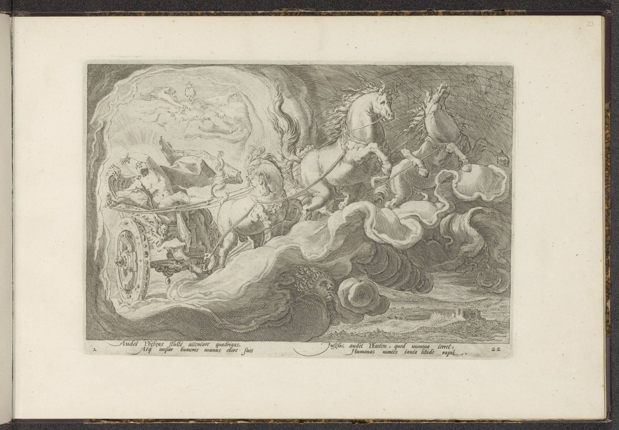 Phaethon jeździ na rydwanie swojego ojca Metamorfozy Owidiusza (tytuł serii) Odtworzenia P. Ovidiusa Naso (tytuł serii) autorstwa Hendrick Goltzius (workshop of)
