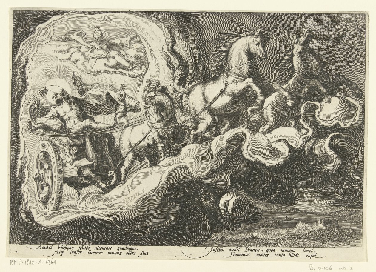 Phaethon jeździ na rydwanie swojego ojca Metamorfozy Owidiusza (tytuł serii) autorstwa Hendrick Goltzius (workshop of)