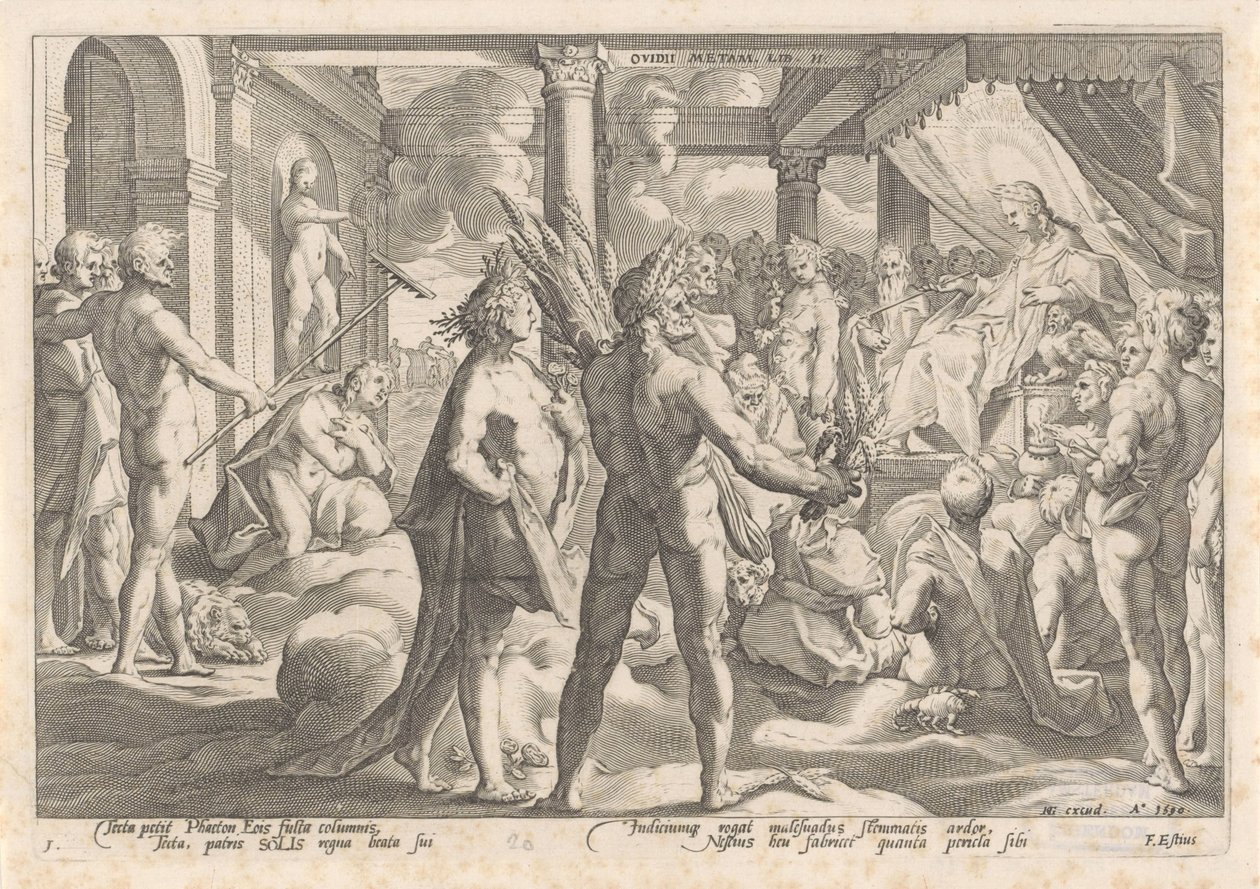 Phaethon pyta Apolla, czy może jeździć swoim rydwanem Metamorfozy Owidiusza (tytuł serii) autorstwa Hendrick Goltzius (workshop of)