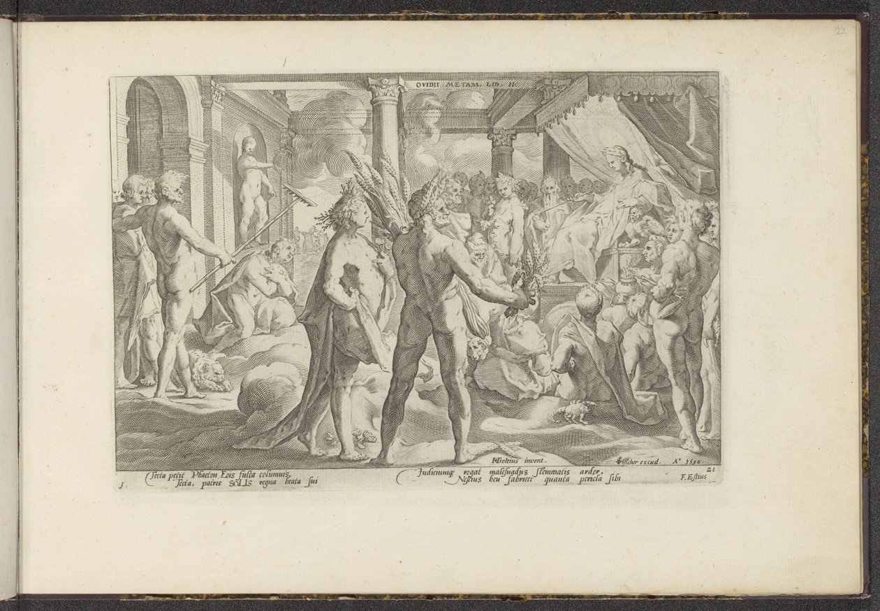 Phaëton w het paleis van Helios Meta Owidiusza. Lib. II (tytuł na obiekcie) Metamorfosen Owidiusza (tytuł serii) Herscheppingen van P. Ovidius Naso (tytuł serii) autorstwa Hendrick Goltzius (workshop of)
