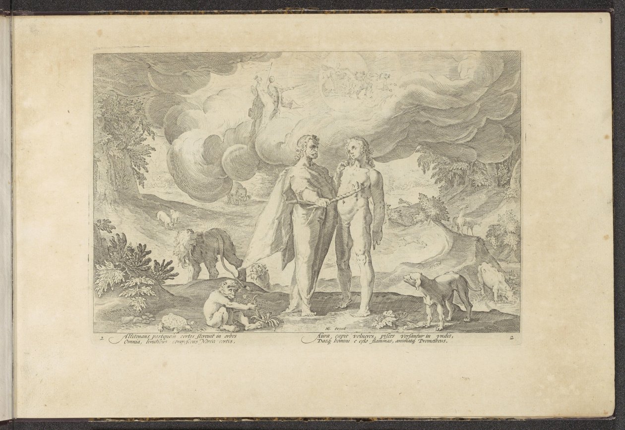 Prometeusz daje człowiekowi ogień Metamorfozy Owidiusza (tytuł serii) Odtworzenia P. Ovidiusa Naso (tytuł serii) autorstwa Hendrick Goltzius (workshop of)