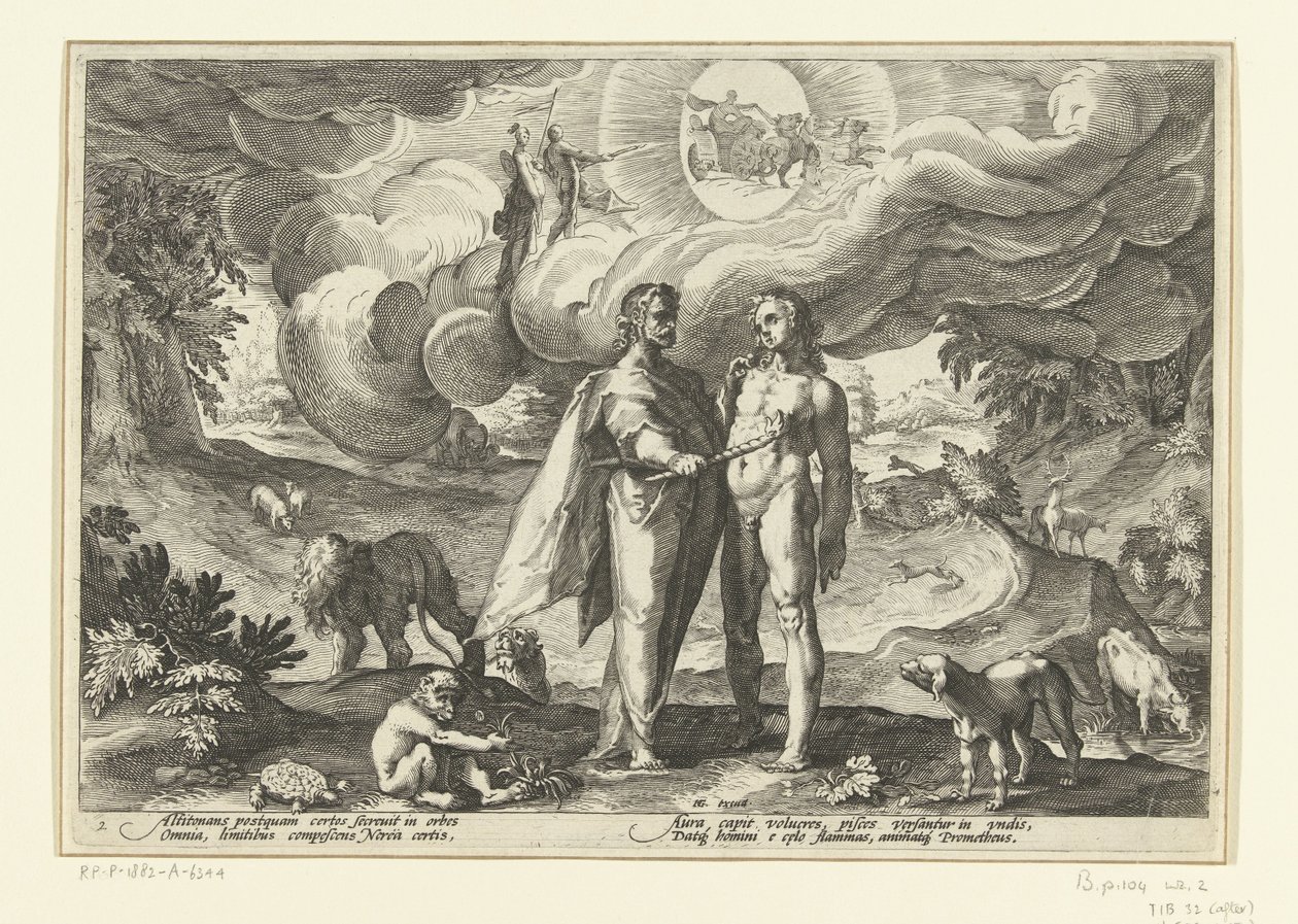 Prometeusz daje człowiekowi ogień Metamorfozy Owidiusza (tytuł serii) autorstwa Hendrick Goltzius (workshop of)