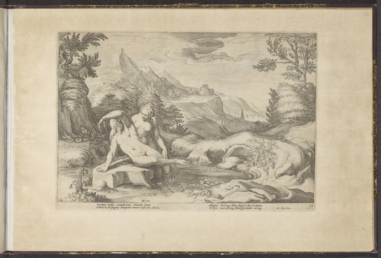 Salmacis i Hermafrodyt Metamorfosen Owidiusza (tytuł serii) Herscheppingen van P. Ovidius Naso (tytuł serii) autorstwa Hendrick Goltzius (workshop of)
