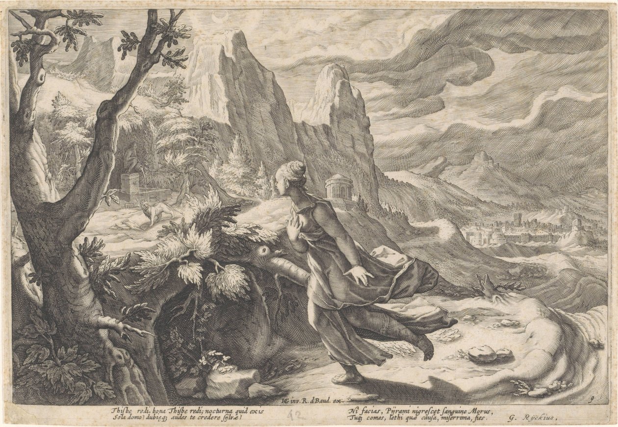 Thisbe ucieka przed lwicą Metamorfozy Owidiusza (tytuł serii) autorstwa Hendrick Goltzius (workshop of)