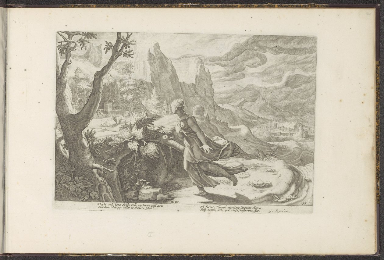 Thisbe ucieka przed lwem Metamorfozy Owidiusza (tytuł serii) Odtworzenia P. Ovidiusa Naso (tytuł serii) autorstwa Hendrick Goltzius (workshop of)