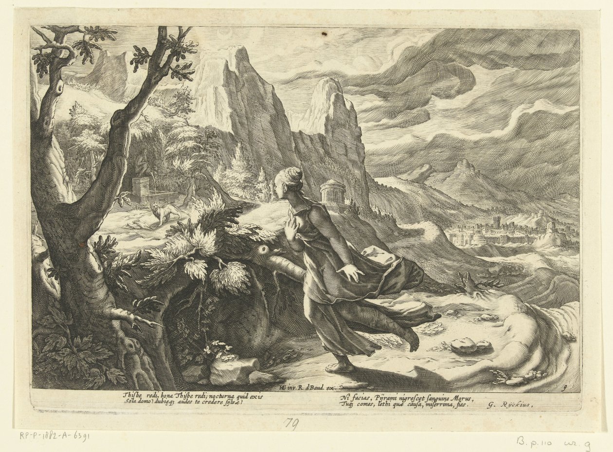 Thisbe ucieka przed lwem Metamorfozy Owidiusza (tytuł serii) autorstwa Hendrick Goltzius (workshop of)