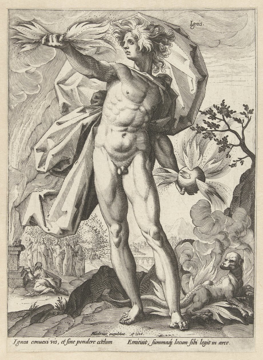 Sztuczne ognie Ignis (tytuł na obiekcie) Cztery żywioły (tytuł serii) autorstwa Hendrick Goltzius (workshop of)