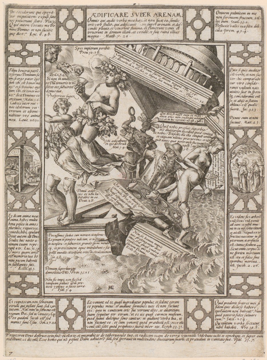 Aedificare super Arenam, arkusz 7 z cyklu „Alegorie wiary chrześcijańskiej” autorstwa Hendrick Goltzius