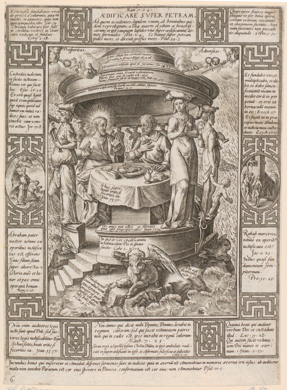 Aedificare super Petram, arkusz 6 z cyklu „Alegorie wiary chrześcijańskiej” autorstwa Hendrick Goltzius