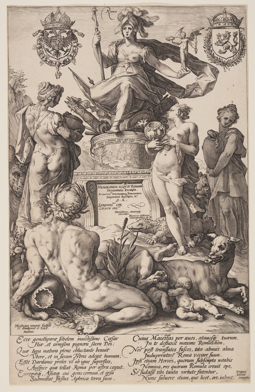 Alegoria Rzymu, plansza tytułowa z książki The Roman Heroes autorstwa Hendrick Goltzius