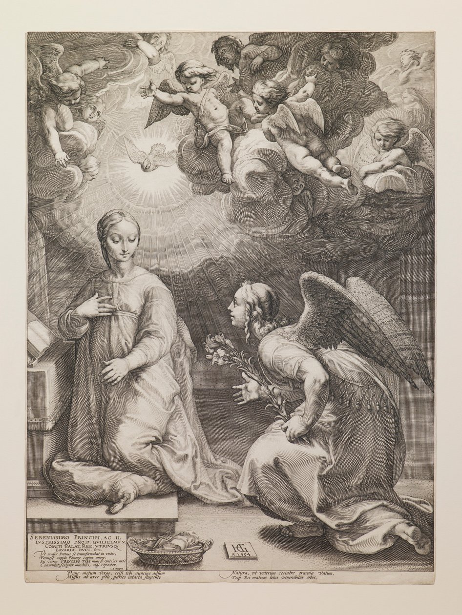 Zwiastowanie, z serii „Życie Marii Dziewicy” autorstwa Hendrick Goltzius
