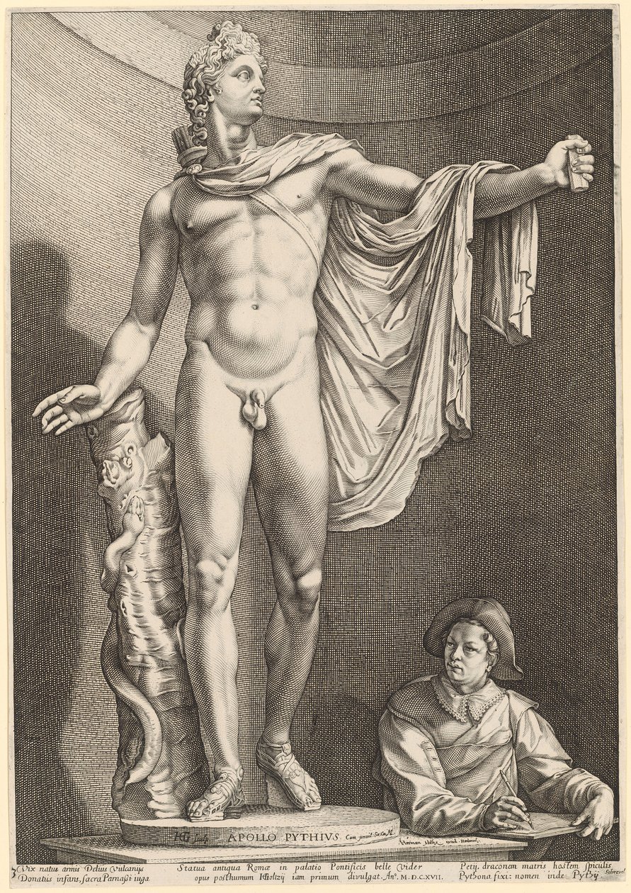 Apollo Belwederski, plansza 3 z "Trzech antycznych posągów z Rzymu" autorstwa Hendrick Goltzius