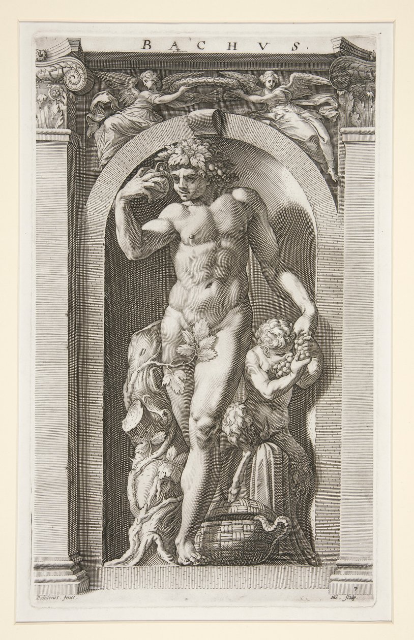 Bachus, nr 7 z serii Ośmiu antycznych bogów autorstwa Hendrick Goltzius