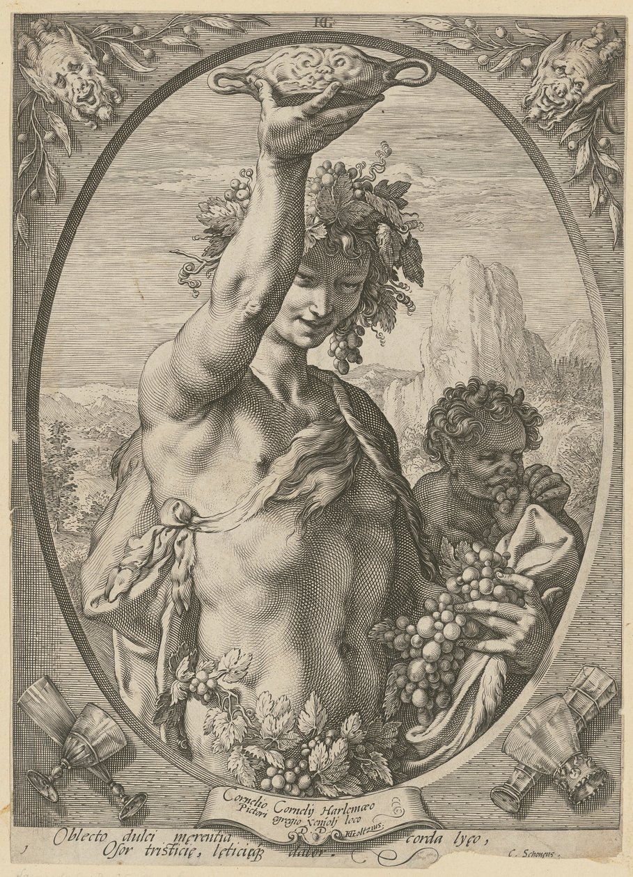 Bachus, arkusz 1 z cyklu „Bachus, Wenus i Ceres” autorstwa Hendrick Goltzius