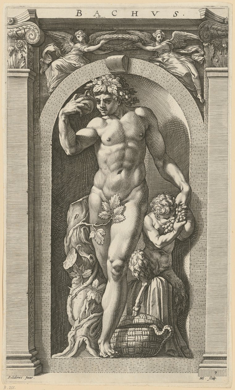 Bachus, arkusz 7 z serii „Osiem starożytnych bóstw” autorstwa Hendrick Goltzius
