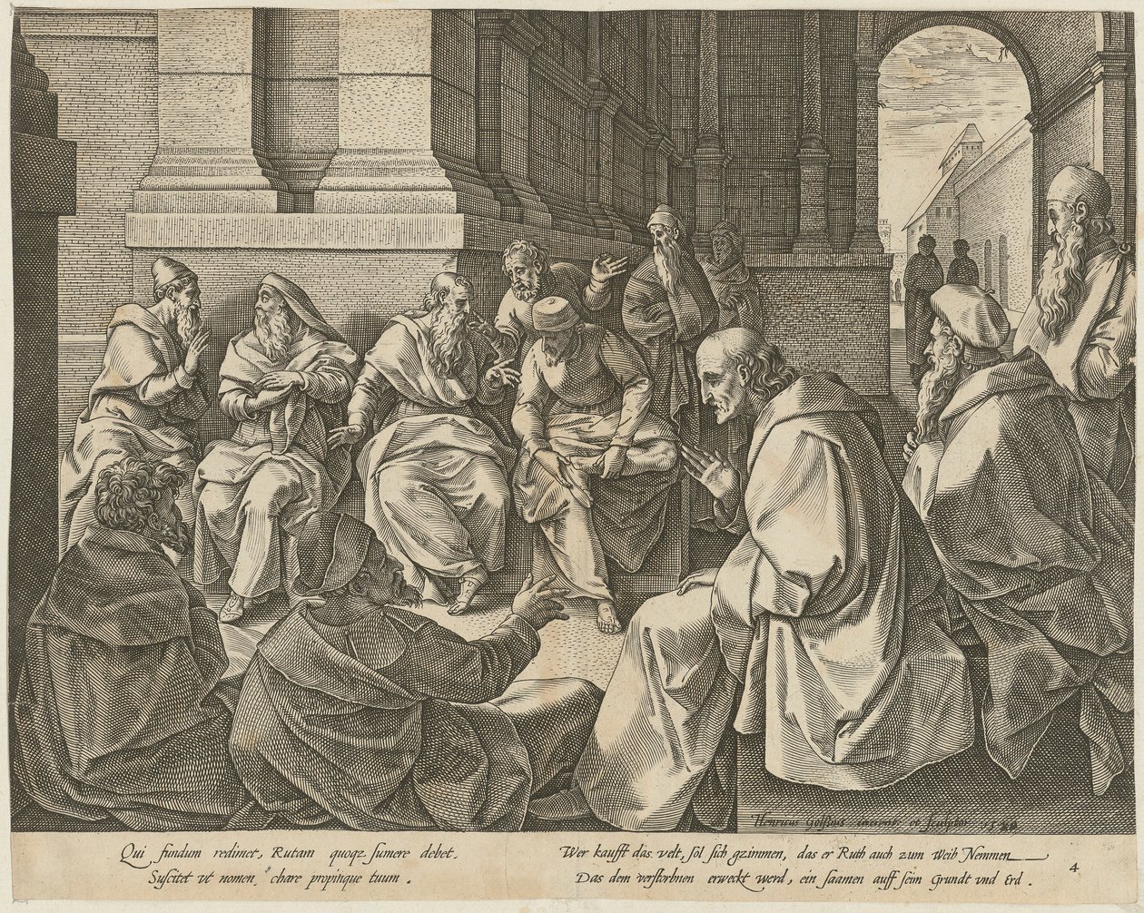 Boas wraz z dziesięcioma starszymi, strona 4 serii „Historia Rut” autorstwa Hendrick Goltzius