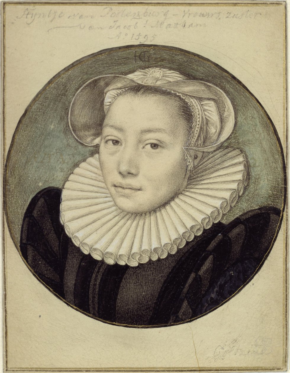 Portret półpostaci Styntje van Poelenburg-Vrouws, siostry Jacoba Mathama autorstwa Hendrick Goltzius