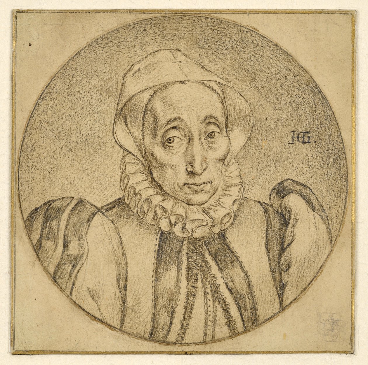 Portret piersi starszej pani (Agatha Scholiers) autorstwa Hendrick Goltzius