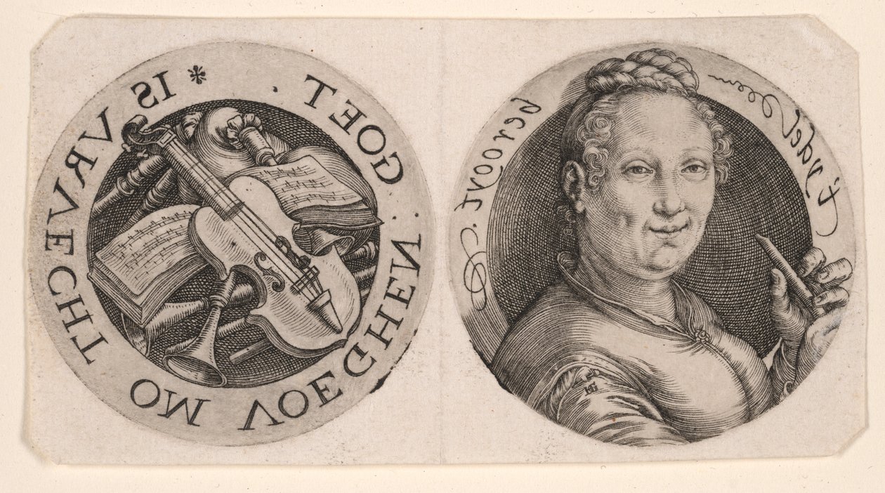 Popiersie kobiety trzymającej flet i instrumenty muzyczne na jednym arkuszu autorstwa Hendrick Goltzius