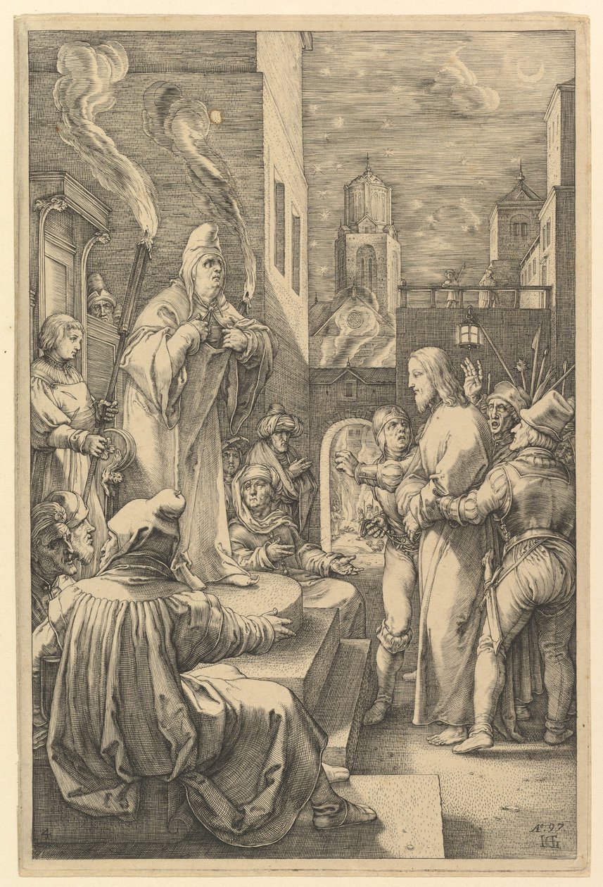 Chrystus przed Kajfaszem, z „Męki Chrystusa” autorstwa Hendrick Goltzius