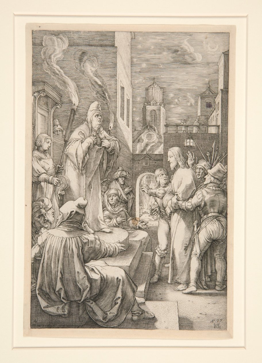 Chrystus przed Kajfaszem, tablica 4 z serii Męka Chrystusa autorstwa Hendrick Goltzius