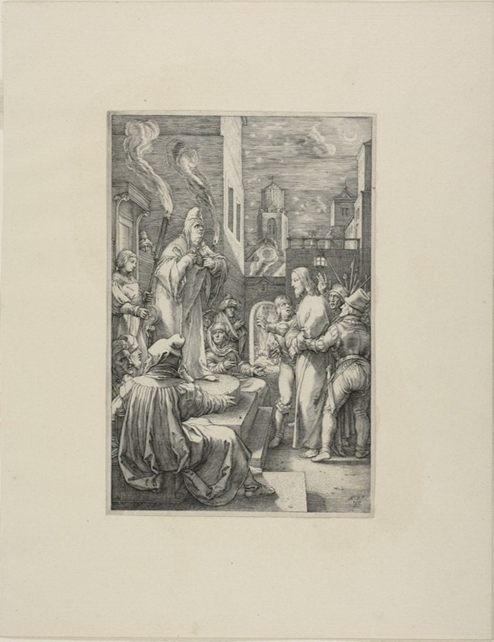 Chrystus przed Kajfaszem, płyta czwarta z Męki Chrystusa autorstwa Hendrick Goltzius