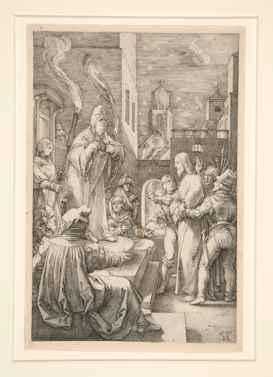 Chrystus przed Kajfaszem, z Męki Pańskiej, nr 4 z serii 12 rycin autorstwa Hendrick Goltzius