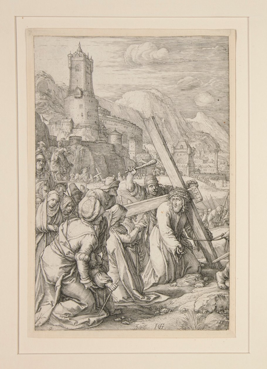 Chrystus niosący krzyż, nr 9 z serii 12 rycin „Pasja” autorstwa Hendrick Goltzius