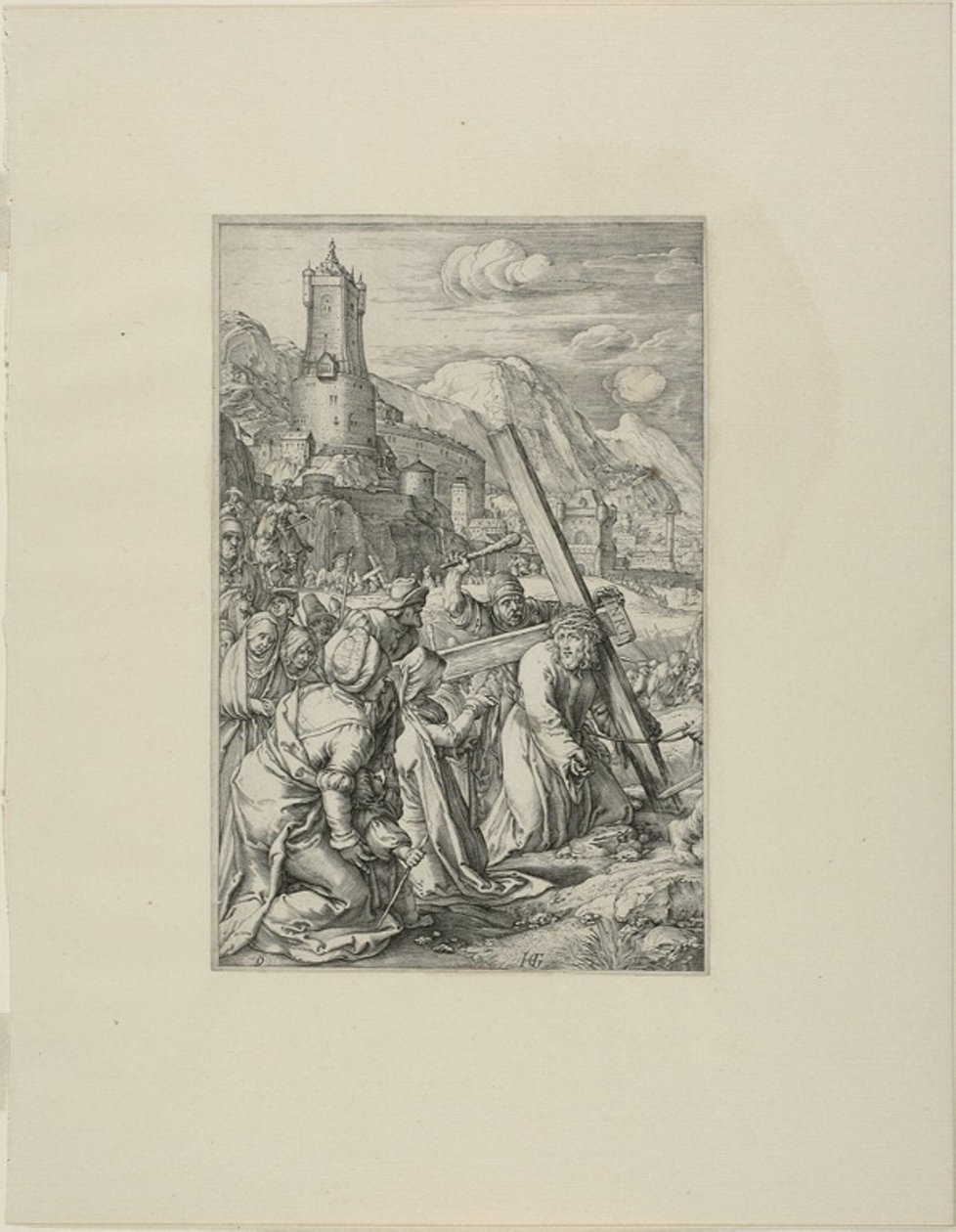 Chrystus dźwigający krzyż, płyta dziewiąta z Męki Pańskiej autorstwa Hendrick Goltzius