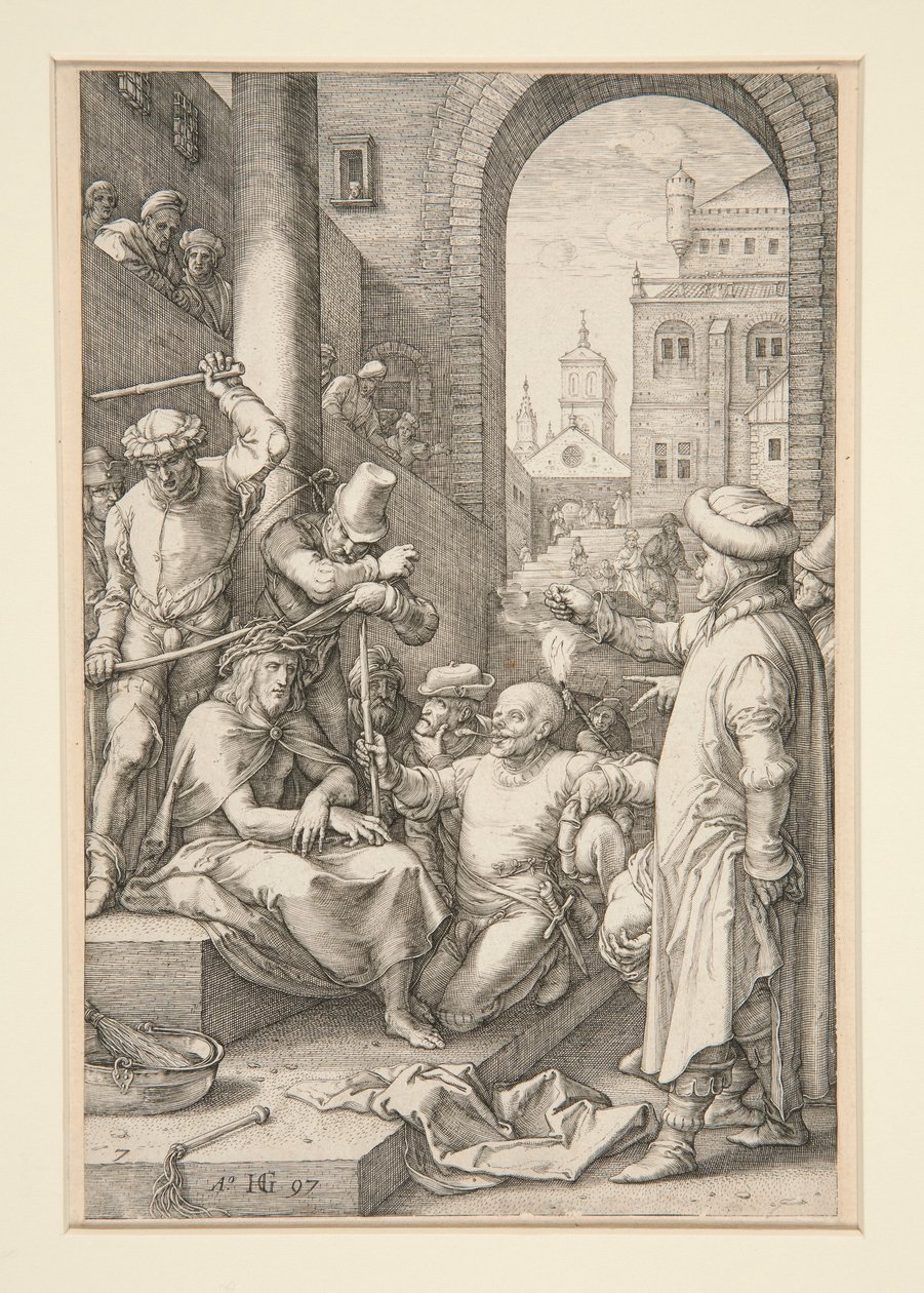 Chrystus ukoronowany cierniem, z Męki Pańskiej, nr 7 z serii 12 rycin autorstwa Hendrick Goltzius
