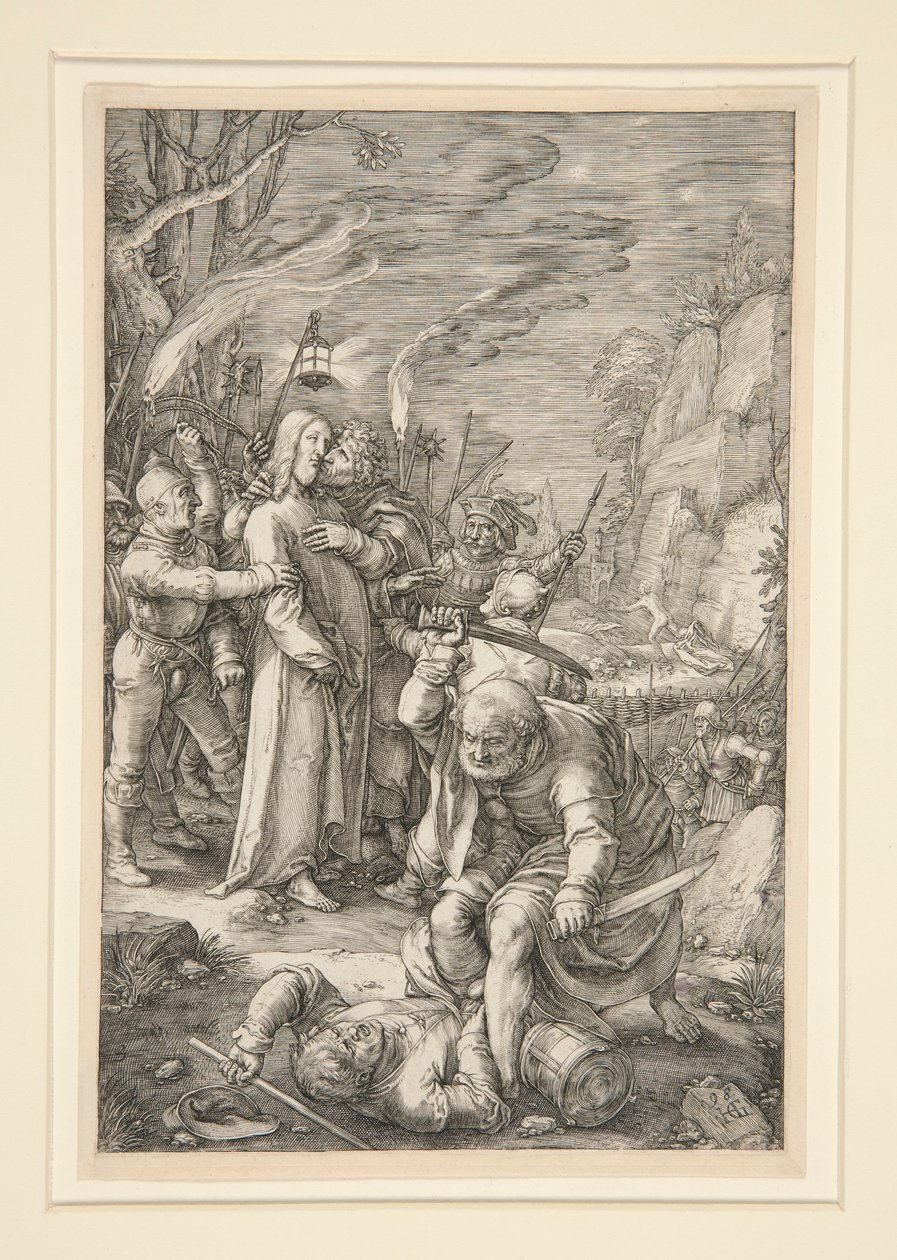 Chrystus wzięty do niewoli (Zdrada Chrystusa), z Męki Pańskiej, nr 3 z serii 12 rycin autorstwa Hendrick Goltzius