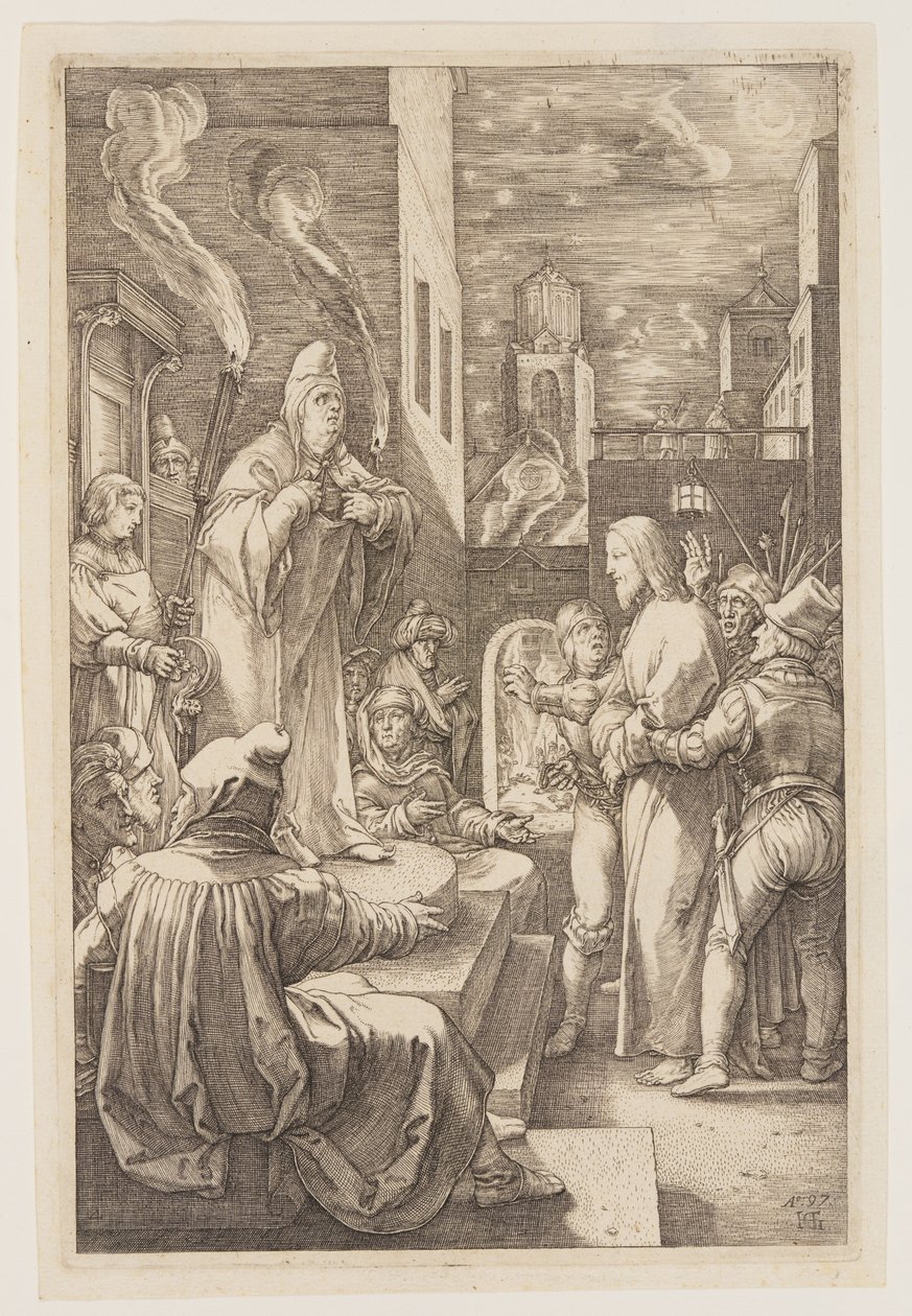 Chrystus przed Kajfaszem, z filmu Pasja autorstwa Hendrick Goltzius