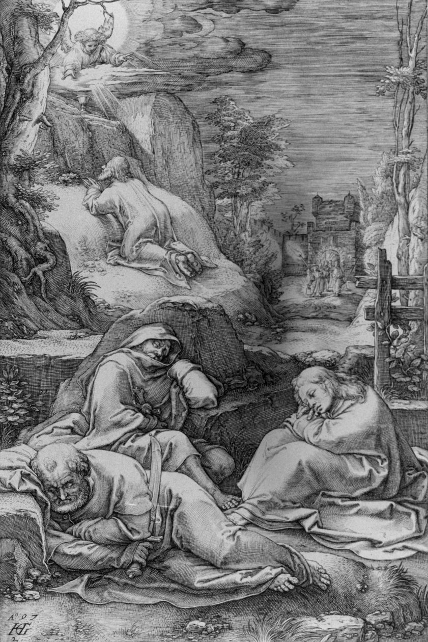 Chrystus na Górze Oliwnej, numer 2 z serii „Pasja” autorstwa Hendrick Goltzius