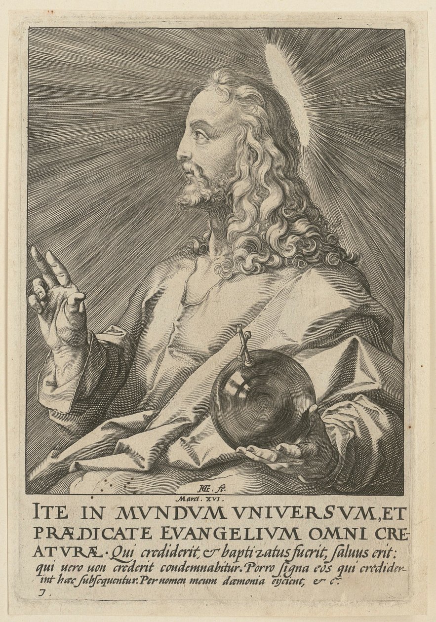 Chrystus jako Salvator Mundi, plansza 7 z cyklu „Chrystus, dwunastu apostołów i Paweł” autorstwa Hendrick Goltzius