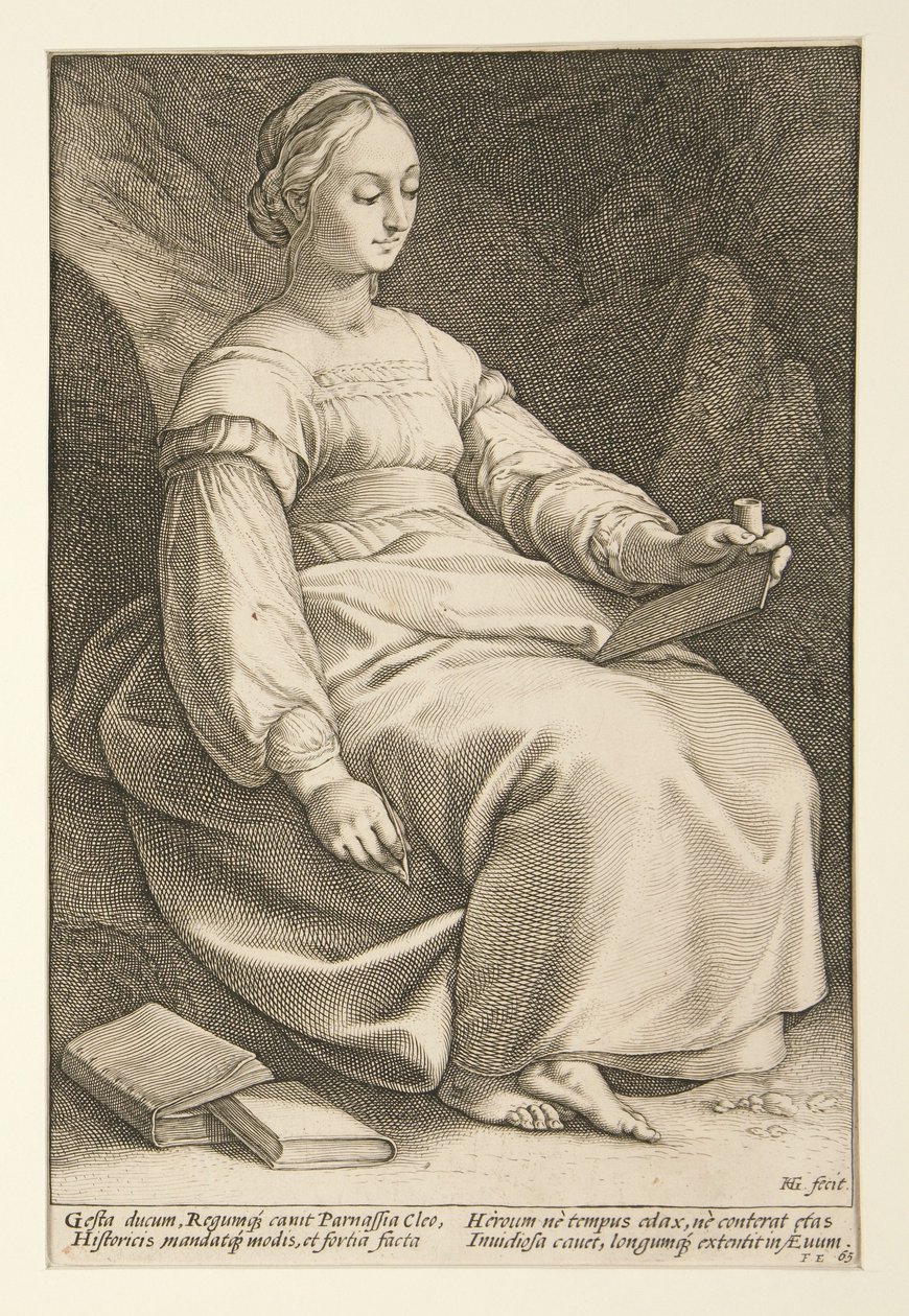 Clio, rycina nr 4 z cyklu „Dziewięć muz” autorstwa Hendrick Goltzius