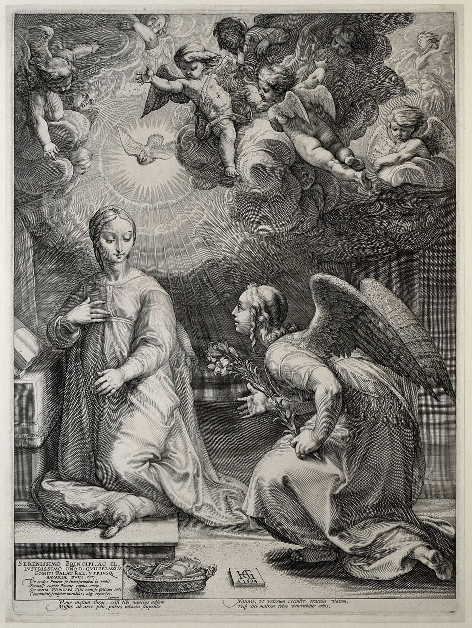 Zwiastowanie Wczesne życie Maryi (tytuł serii) Arcydzieła (tytuł serii) autorstwa Hendrick Goltzius