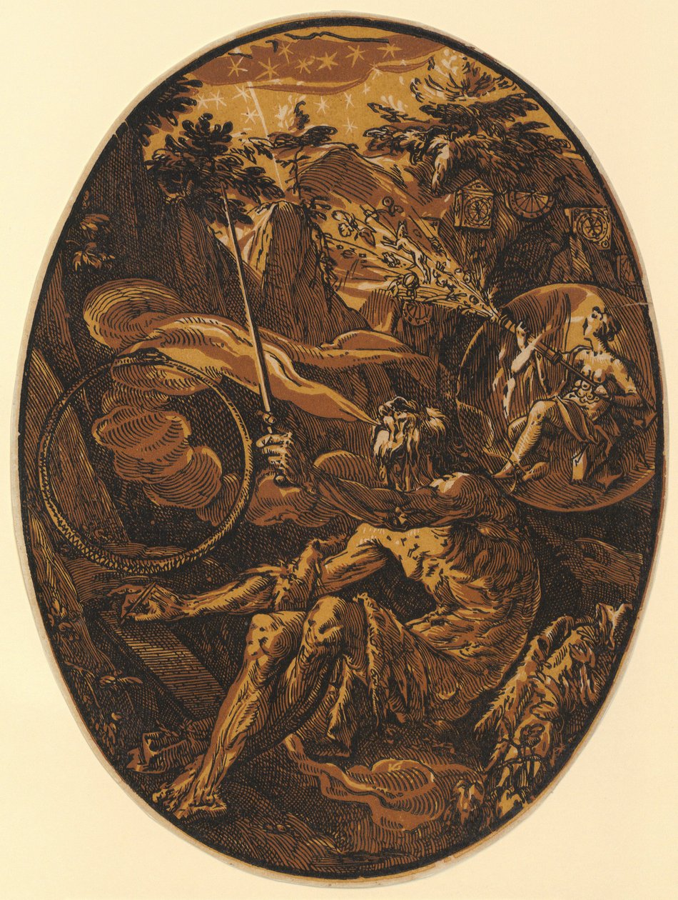 Demogorgon w jaskini wieczności, plansza 1 z cyklu „Demogorgon i boskie istoty” autorstwa Hendrick Goltzius