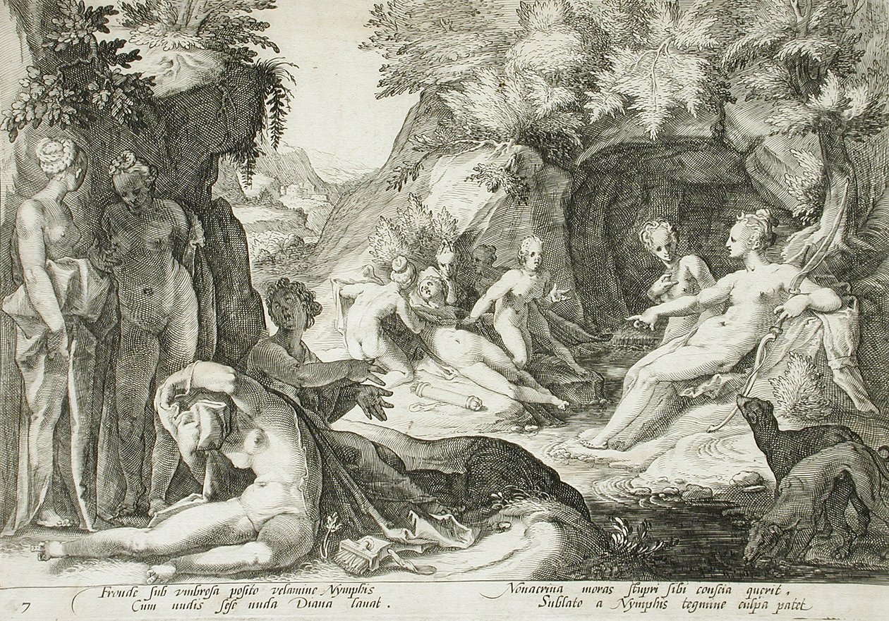 Diana i jej nimfy dowiadują się o ciąży Kallisto autorstwa Hendrick Goltzius