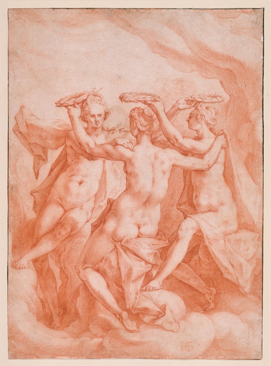 Die drei Grazien auf Wolken schwebend autorstwa Hendrick Goltzius