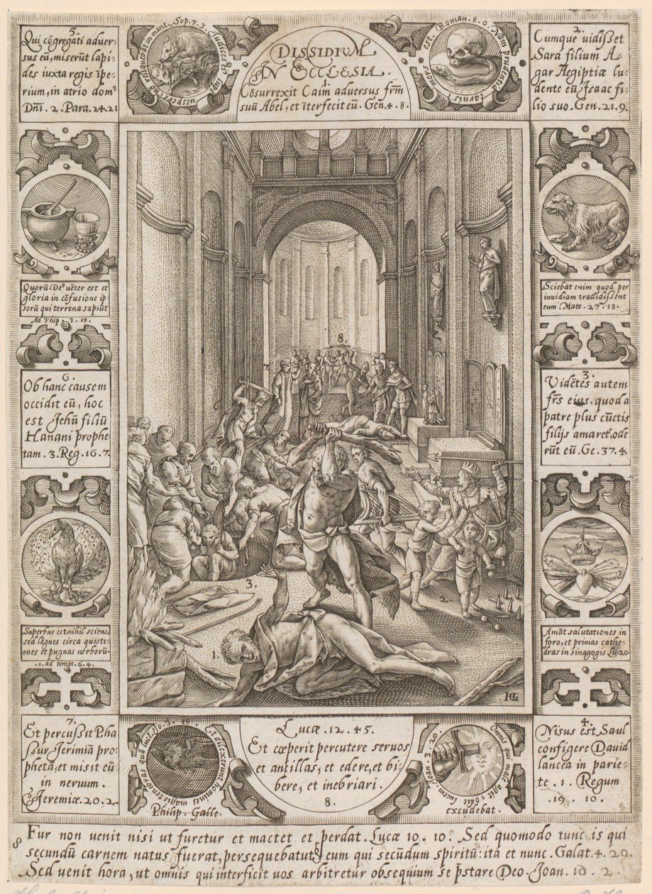 „Dissidium in Ecclesia”, arkusz 8 z cyklu „Alegorie wiary chrześcijańskiej” autorstwa Hendrick Goltzius