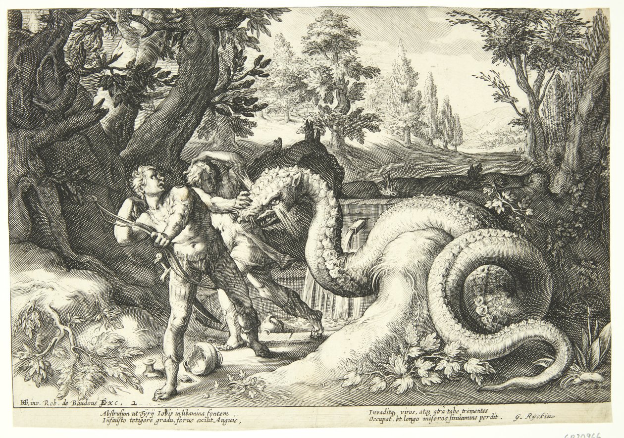 Smok pożera towarzyszy Kadmosa autorstwa Hendrick Goltzius