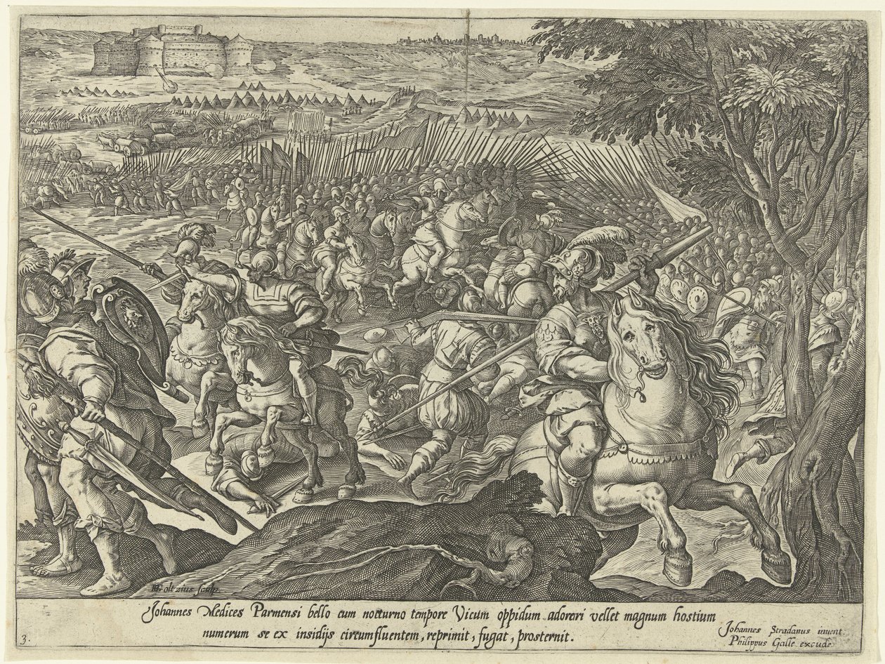Zasadzka na Giovanniego Medyceusza udaremniona Historia Giovanniego de” Medici (zwanego „dalle Bande Nere”) (tytuł serii) autorstwa Hendrick Goltzius