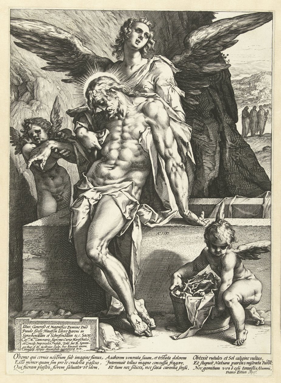 Aniołowie niosą ciało Chrystusa autorstwa Hendrick Goltzius