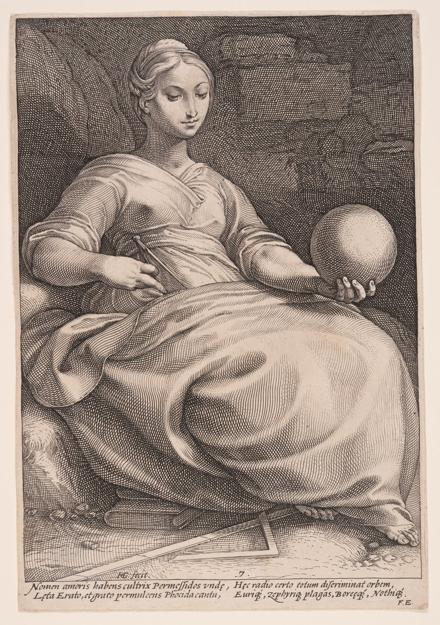 Erato, muza poezji lirycznej, z Dziewięciu muz autorstwa Hendrick Goltzius