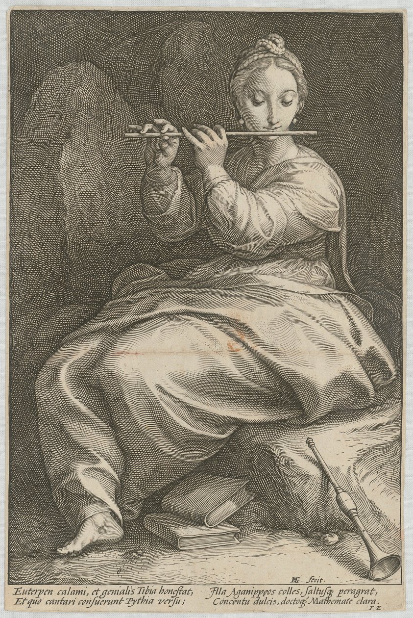 Euterpe, arkusz 6 z serii „Dziewięć muz” autorstwa Hendrick Goltzius