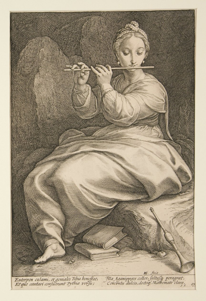 Euterpe, rycina nr 6 z serii „Dziewięć muz” autorstwa Hendrick Goltzius
