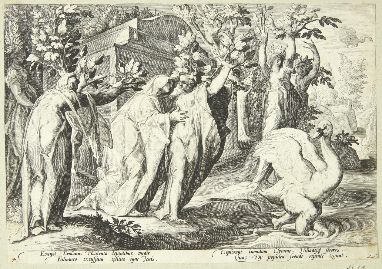 Siostry Phaetona zamieniają się w topole, a Cygnus w łabędzia autorstwa Hendrick Goltzius