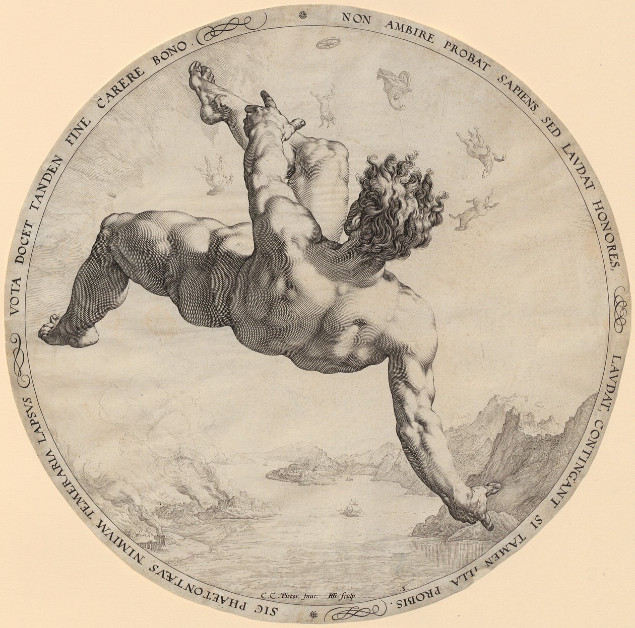 „Upadek Faetona”, strona 3 serii „Czterej zdobywcy niebios” autorstwa Hendrick Goltzius