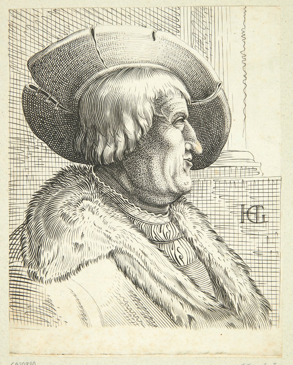 Fantasy portret starego mężczyzny w kapeluszu w profilu autorstwa Hendrick Goltzius