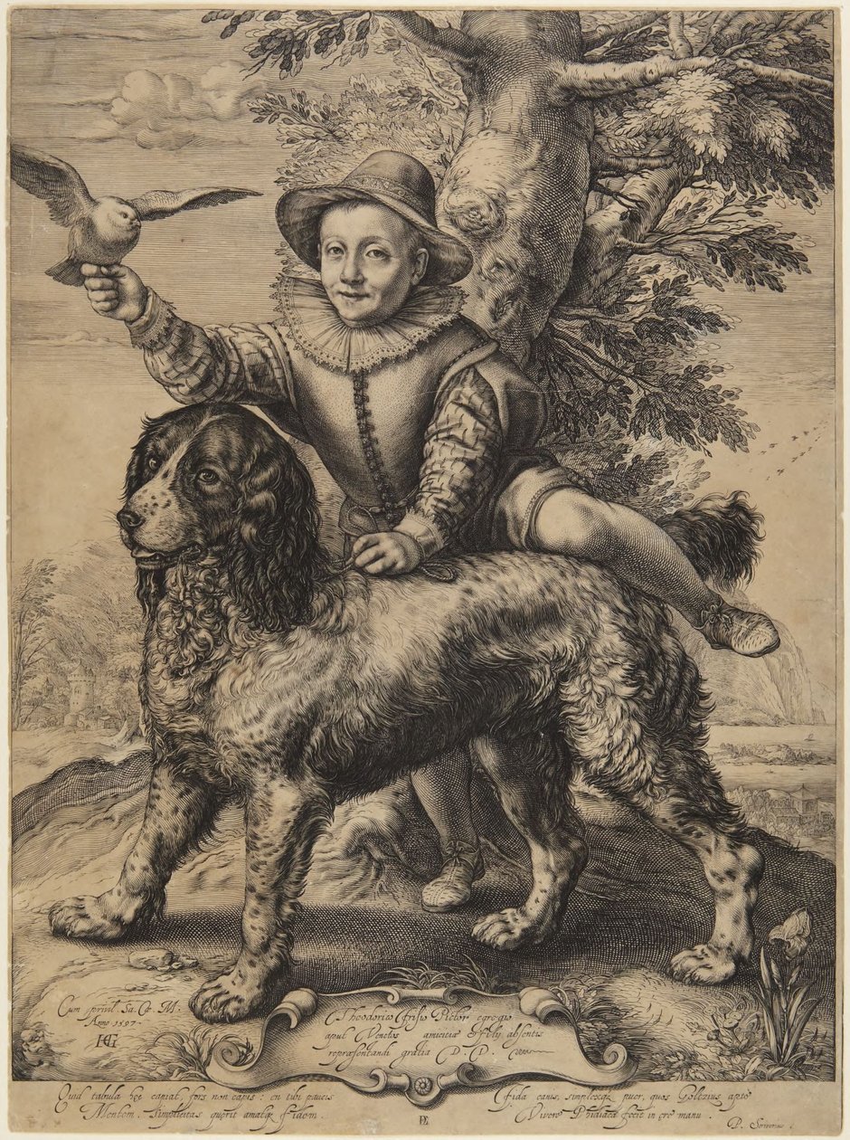 Frederick de Vries z psem Goltziusa autorstwa Hendrick Goltzius